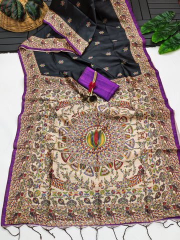 Soft Tussar Silk Madhubani Black Saree