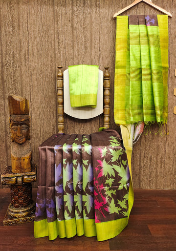 Premium Soft Desi Tussar Silk Parrot Green Saree