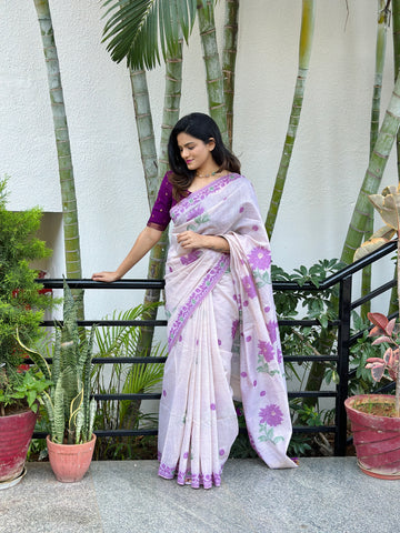Premium Soft Muga Cotton White & Wine Saree With Blouse Piece