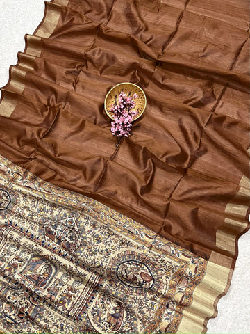 Soft Khadi Raw Silk Brown Saree