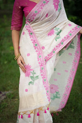 Premium Soft Muga Cotton White&pink Saree With Blouse Piece