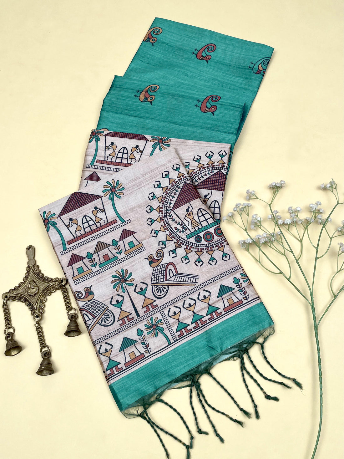 Soft Tussar Silk Madhubani C Green Saree