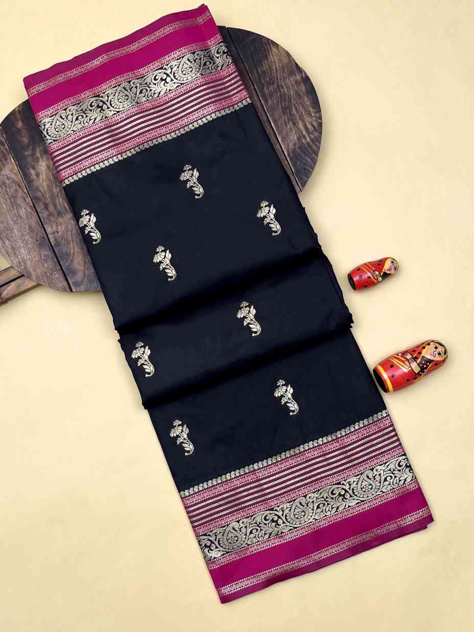 Premium Soft Kanjivaram Silk Black Saree Pink Blouse