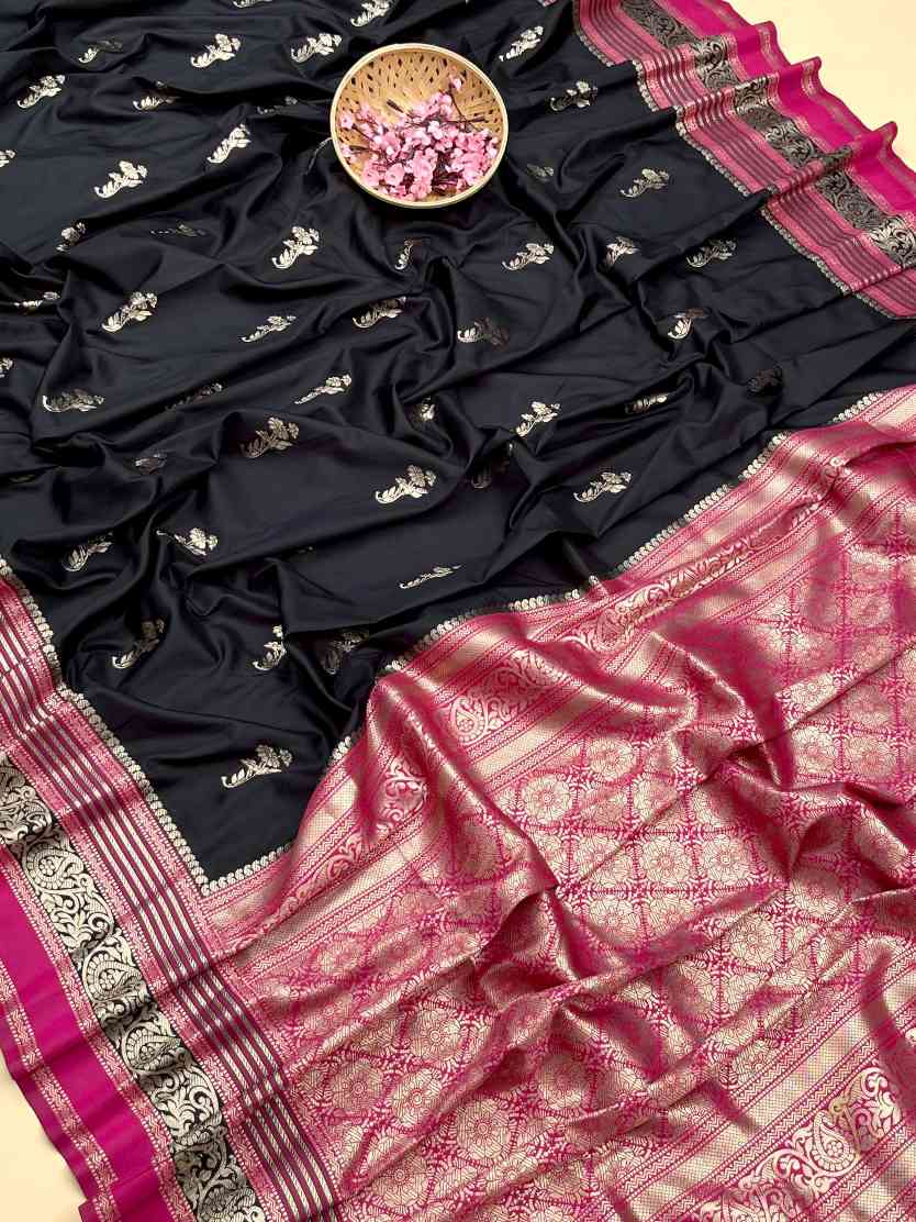Premium Soft Kanjivaram Silk Black Saree Pink Blouse