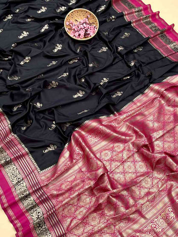 Premium Soft Kanjivaram Silk Black Saree Pink Blouse