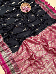 Premium Soft Kanjivaram Silk Black Saree Pink Blouse