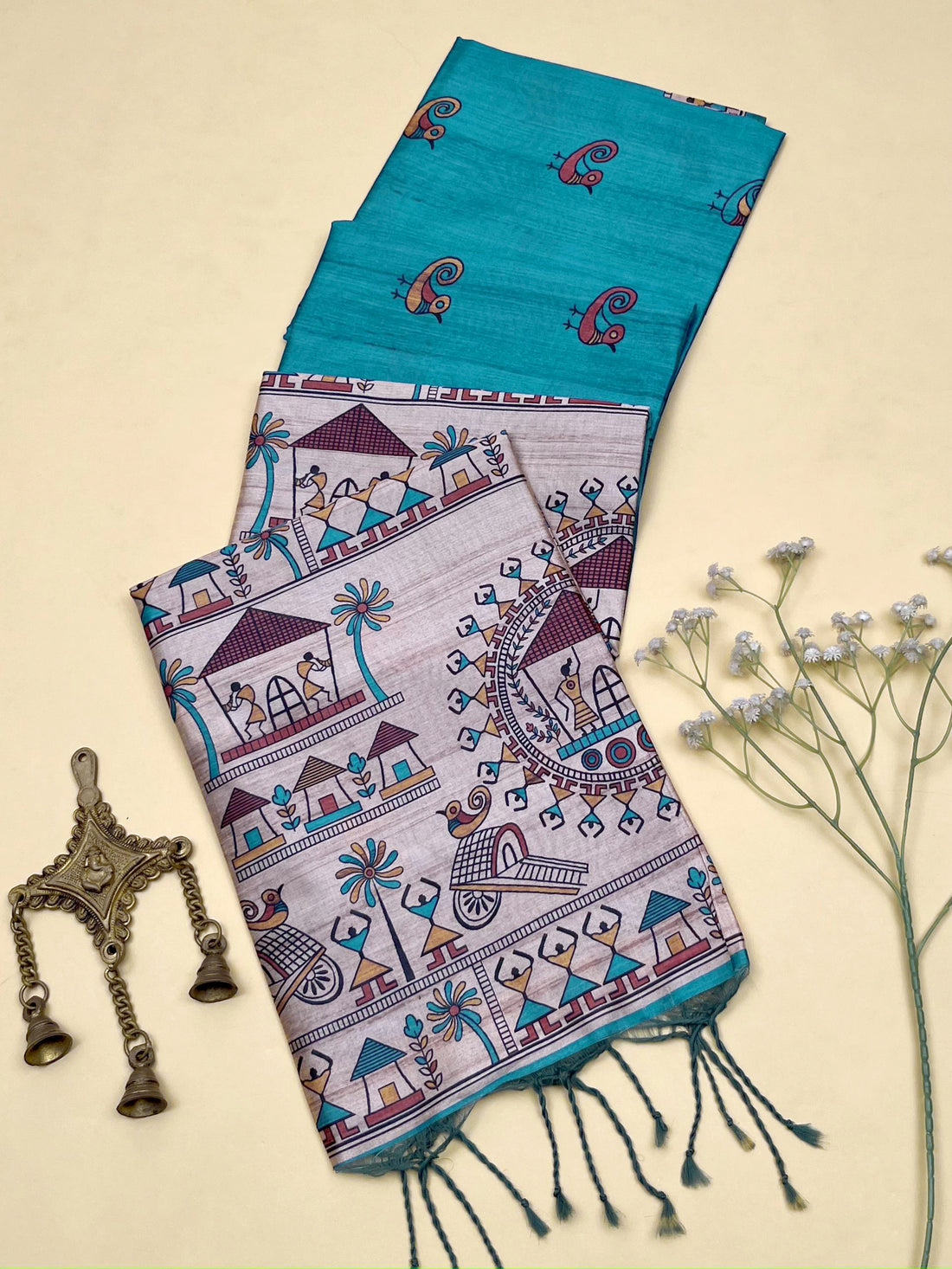 Soft Tussar Silk Madhubani Firozi Saree