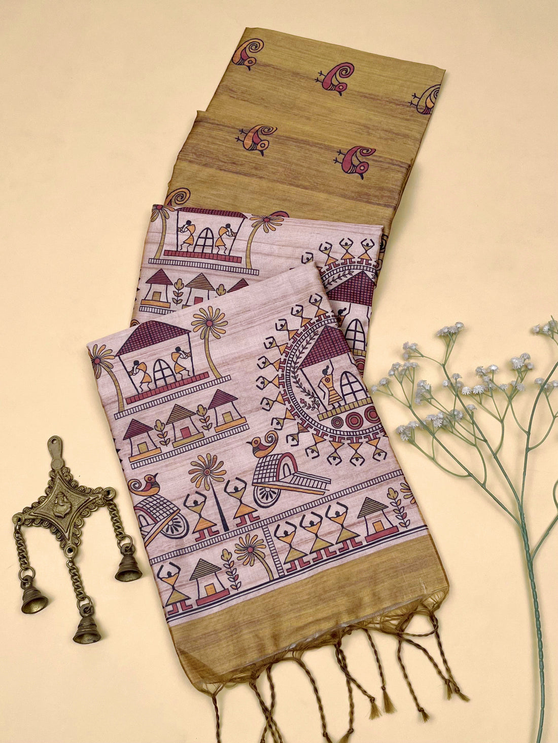 Soft Tussar Silk Madhubani Golden Saree