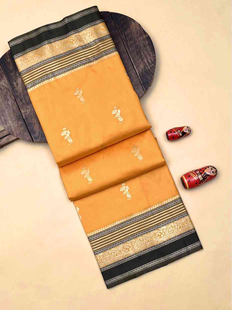 Premium Soft Kanjivaram Silk Yellow Saree With Gray Blouse