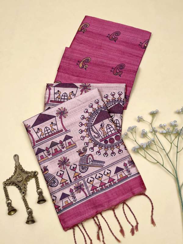 Soft Tussar Silk Madhubani Pink Saree