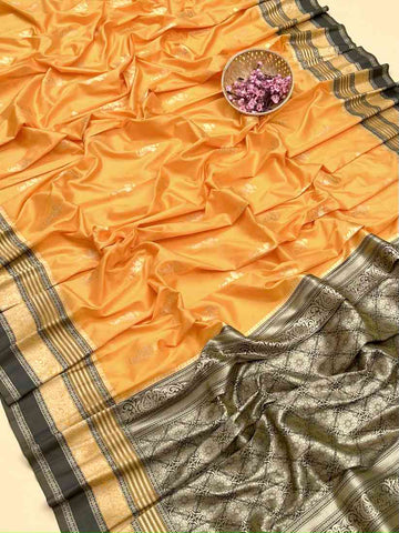Premium Soft Kanjivaram Silk Yellow Saree With Gray Blouse