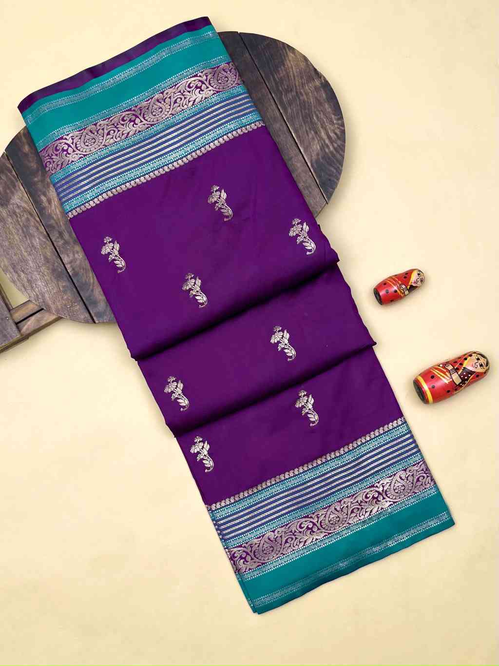 Premium Soft Kanjivaram Silk Purple Saree With Bluegreen Blouse