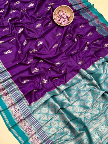 Premium Soft Kanjivaram Silk Purple Saree With Bluegreen Blouse