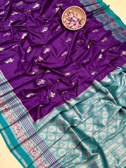 Premium Soft Kanjivaram Silk Purple Saree With Bluegreen Blouse