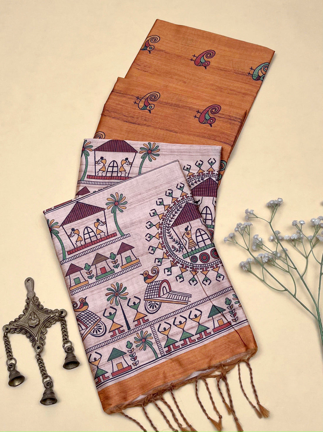 Soft Tussar Silk Madhubani Orange Saree