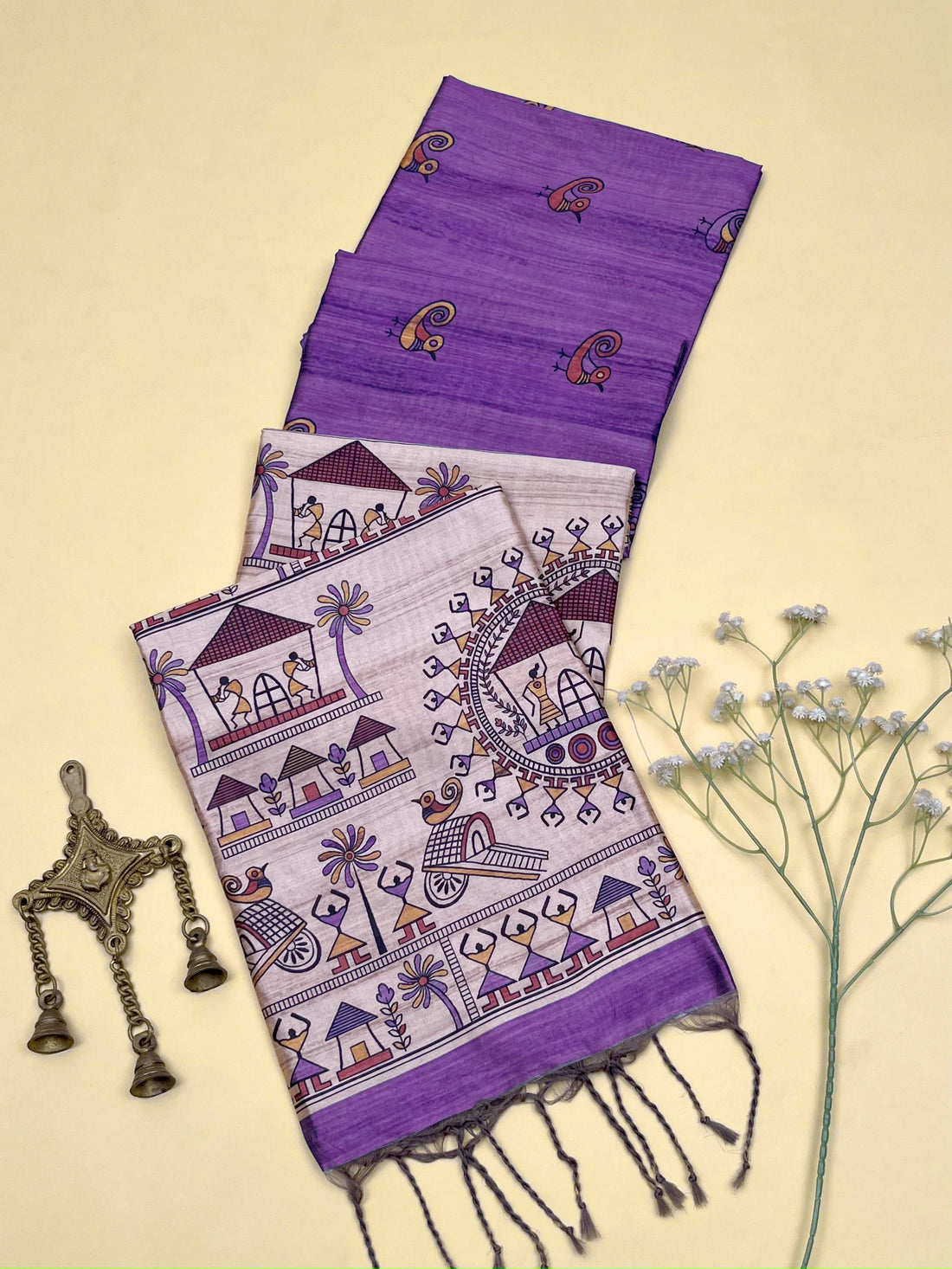 Soft Tussar Silk Madhubani Purple Saree