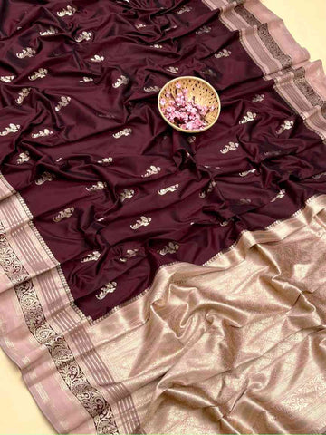 Premium Soft Kanjivaram Silk Brown Saree With Silver Mauve Blouse