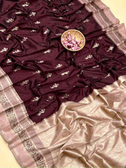 Premium Soft Kanjivaram Silk Brown Saree With Silver Mauve Blouse