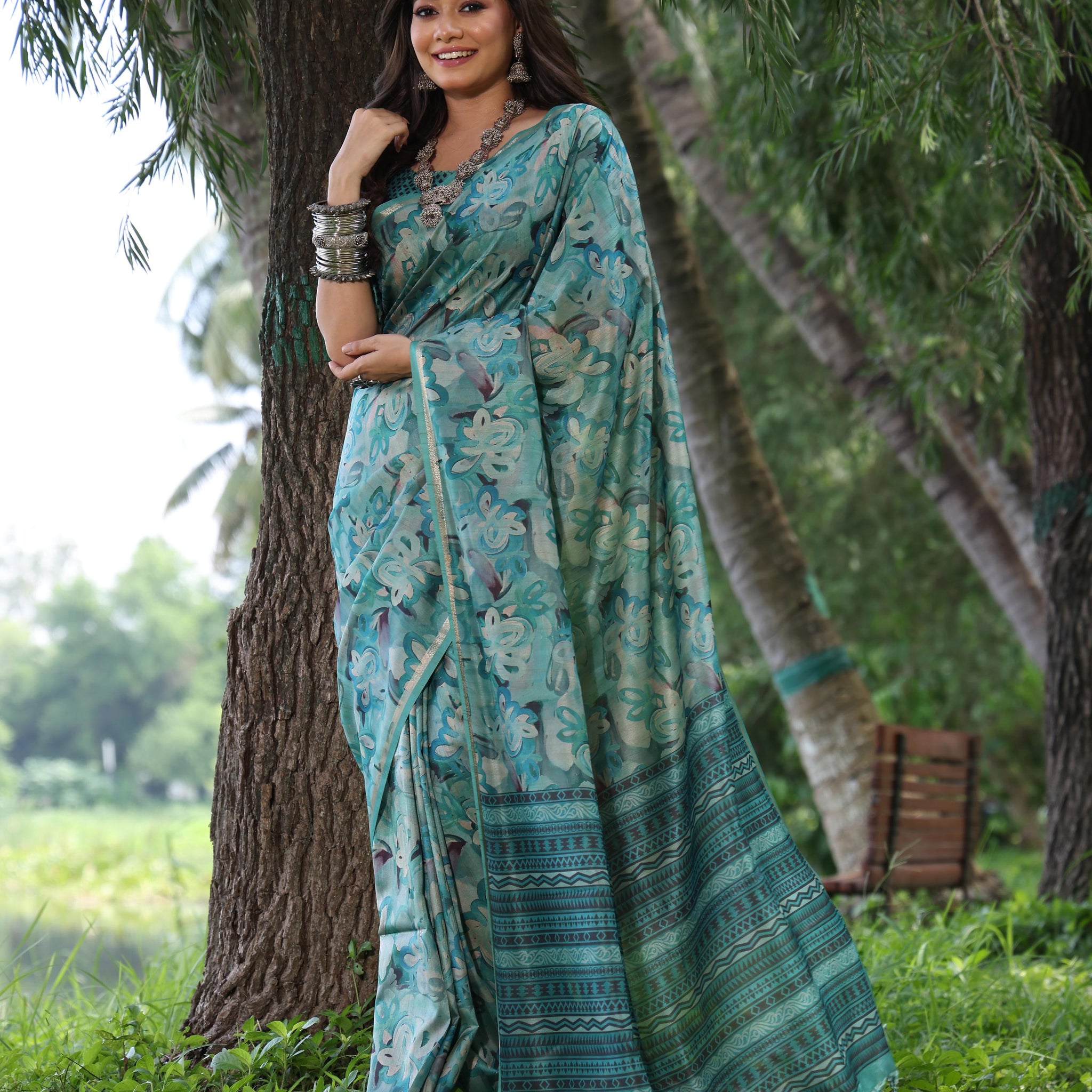 Soft Desi Tussar Silk Firozi Saree