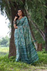 Soft Desi Tussar Silk Firozi Saree