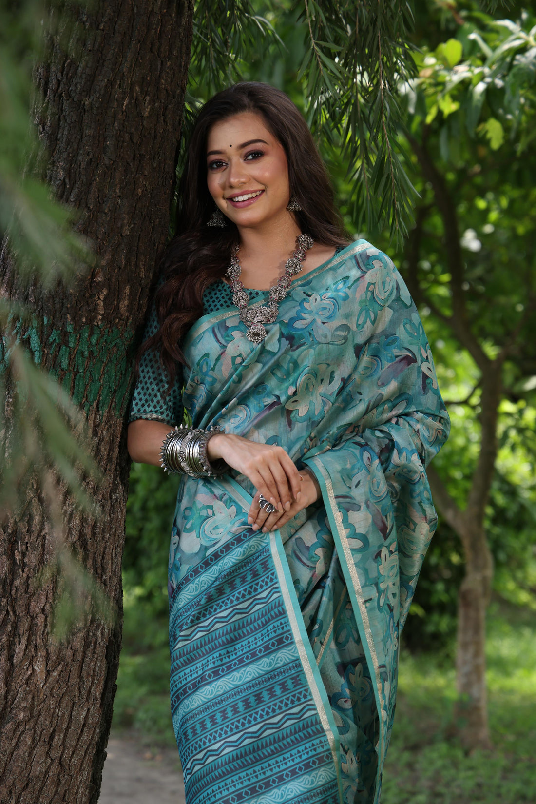 Soft Desi Tussar Silk Firozi Saree