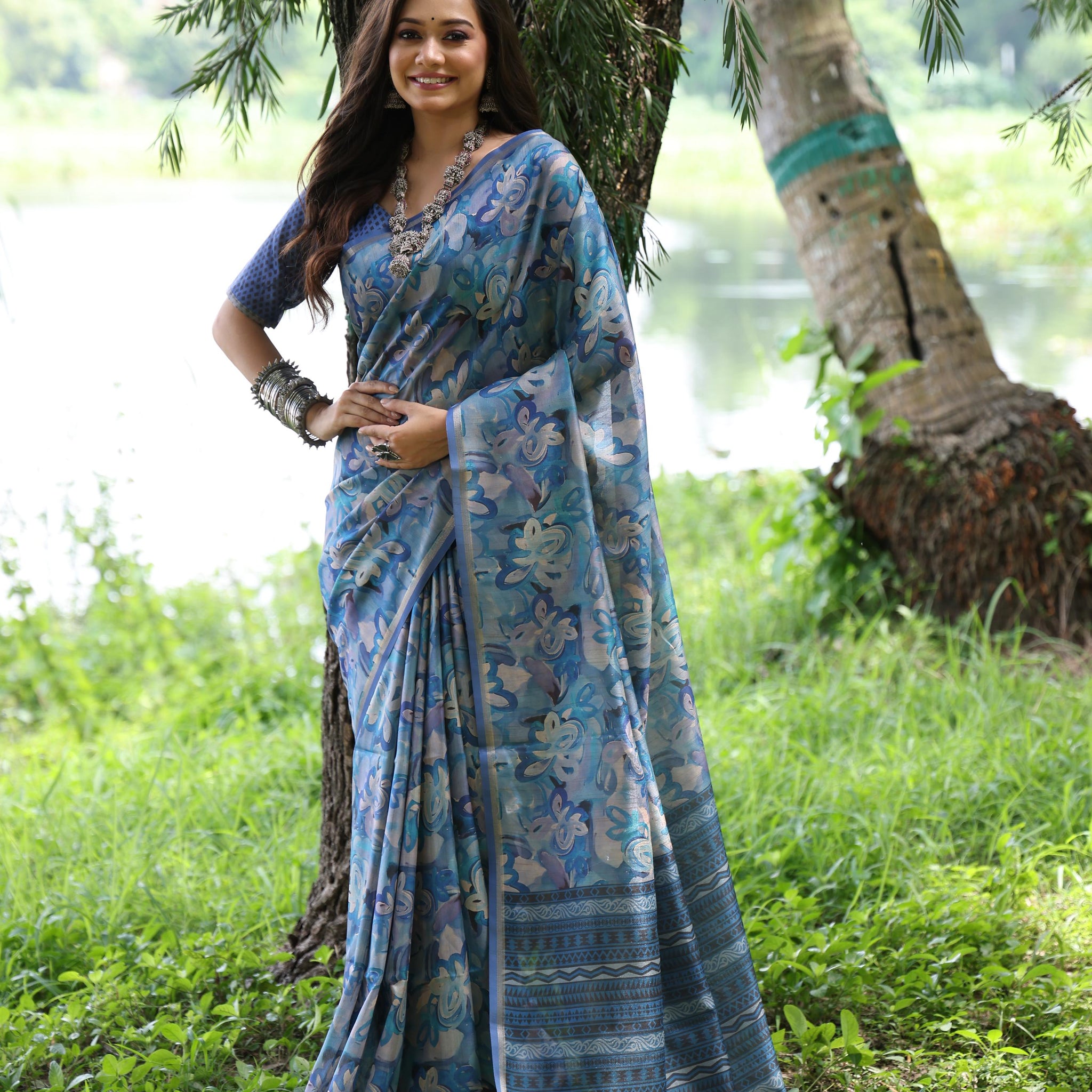 Soft Desi Tussar Silk Blue Saree