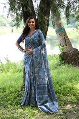 Soft Desi Tussar Silk Blue Saree