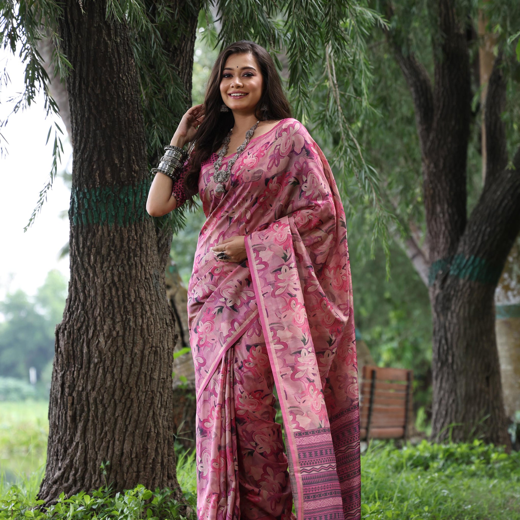 Soft Desi Tussar Silk Pink Saree