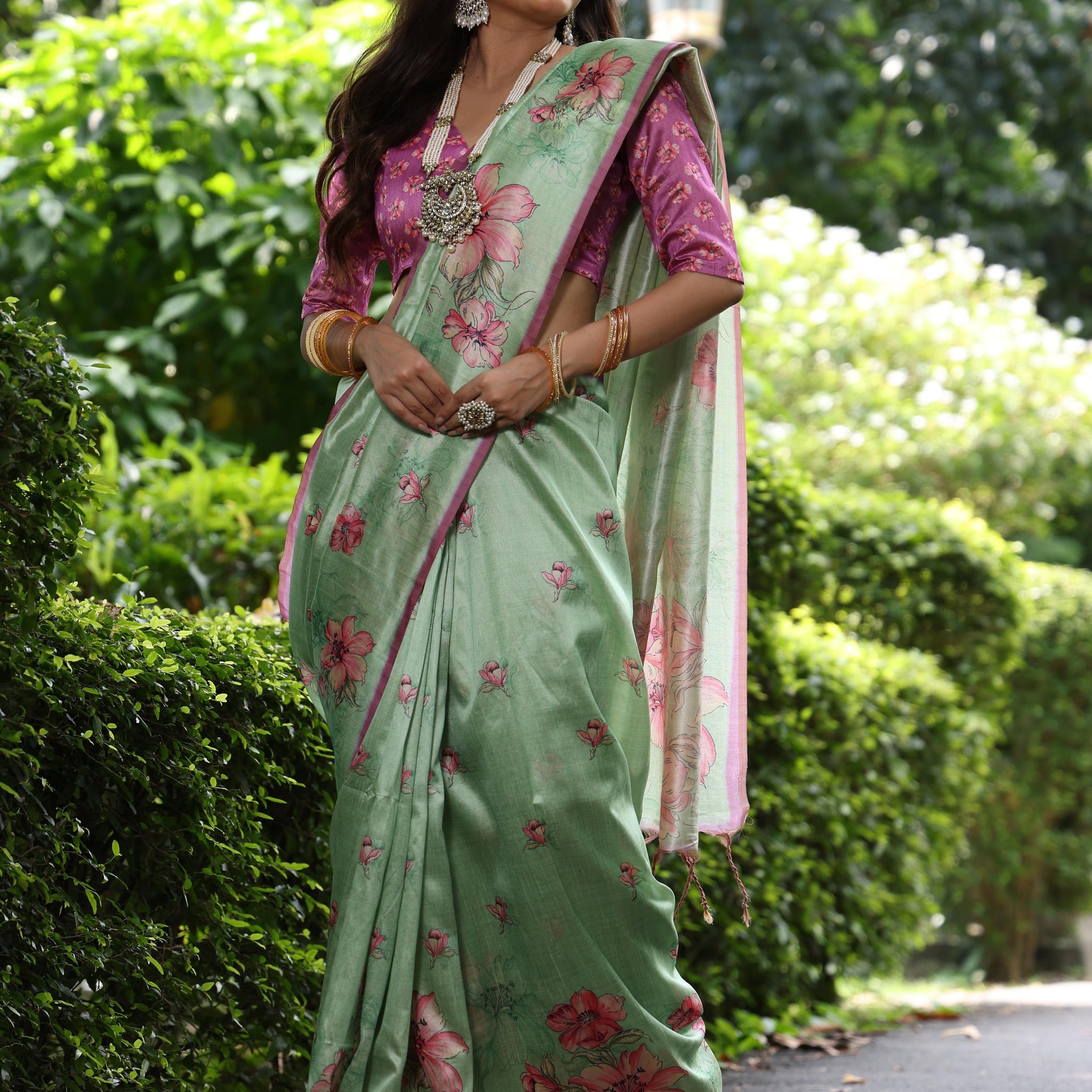 Soft Tussar Silk Pista Saree