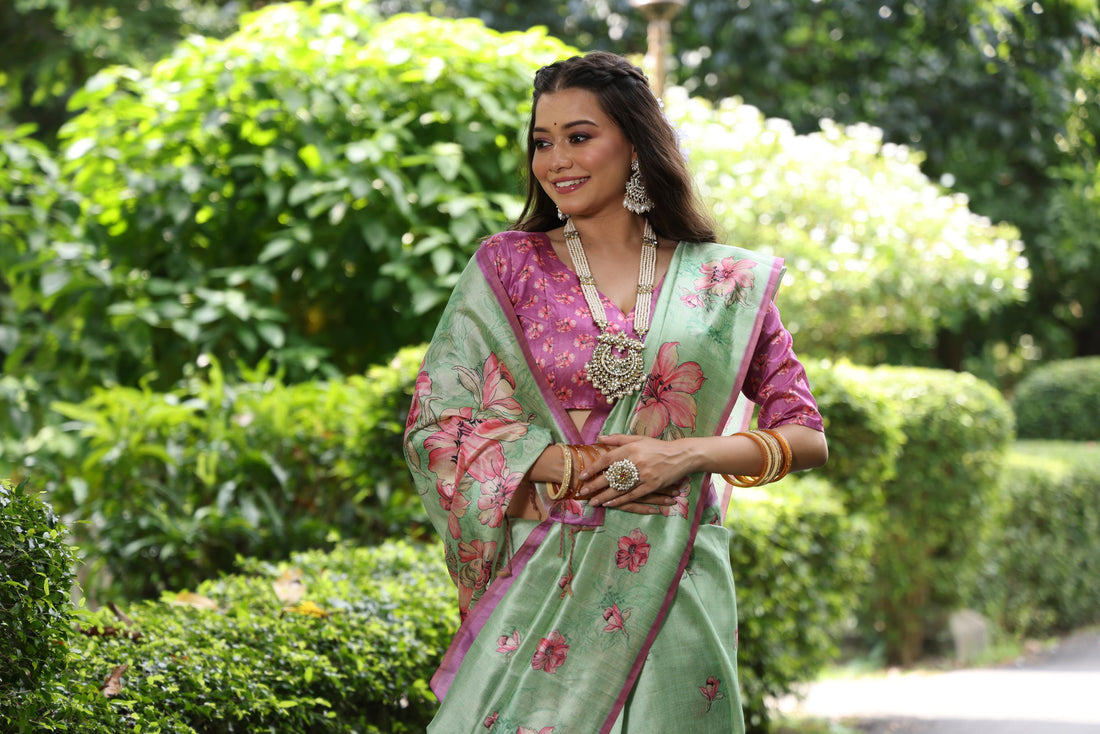 Soft Tussar Silk Pista Saree