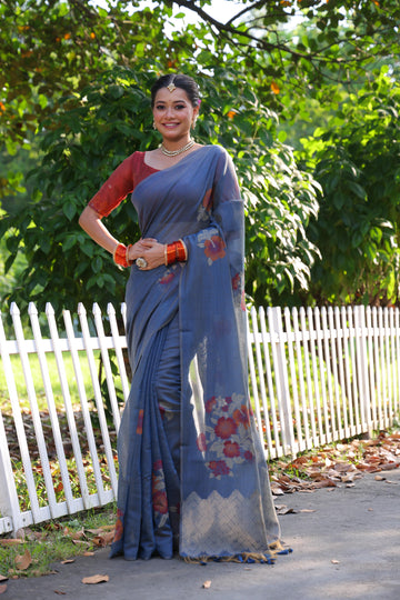 Premium Soft Muga Cotton Grey Saree