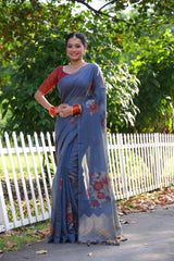 Premium Soft Muga Cotton Grey Saree