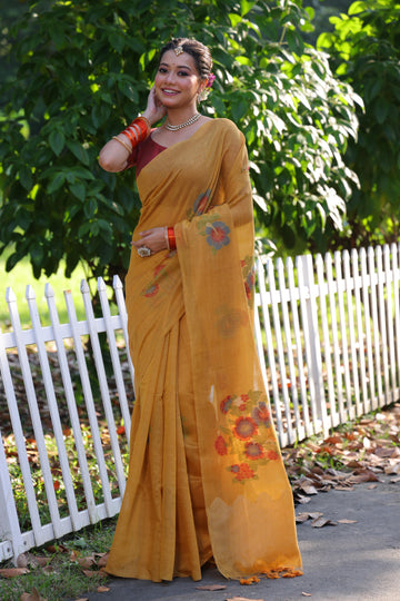 Premium Soft Muga Cotton Yellow Saree