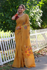 Premium Soft Muga Cotton Yellow Saree