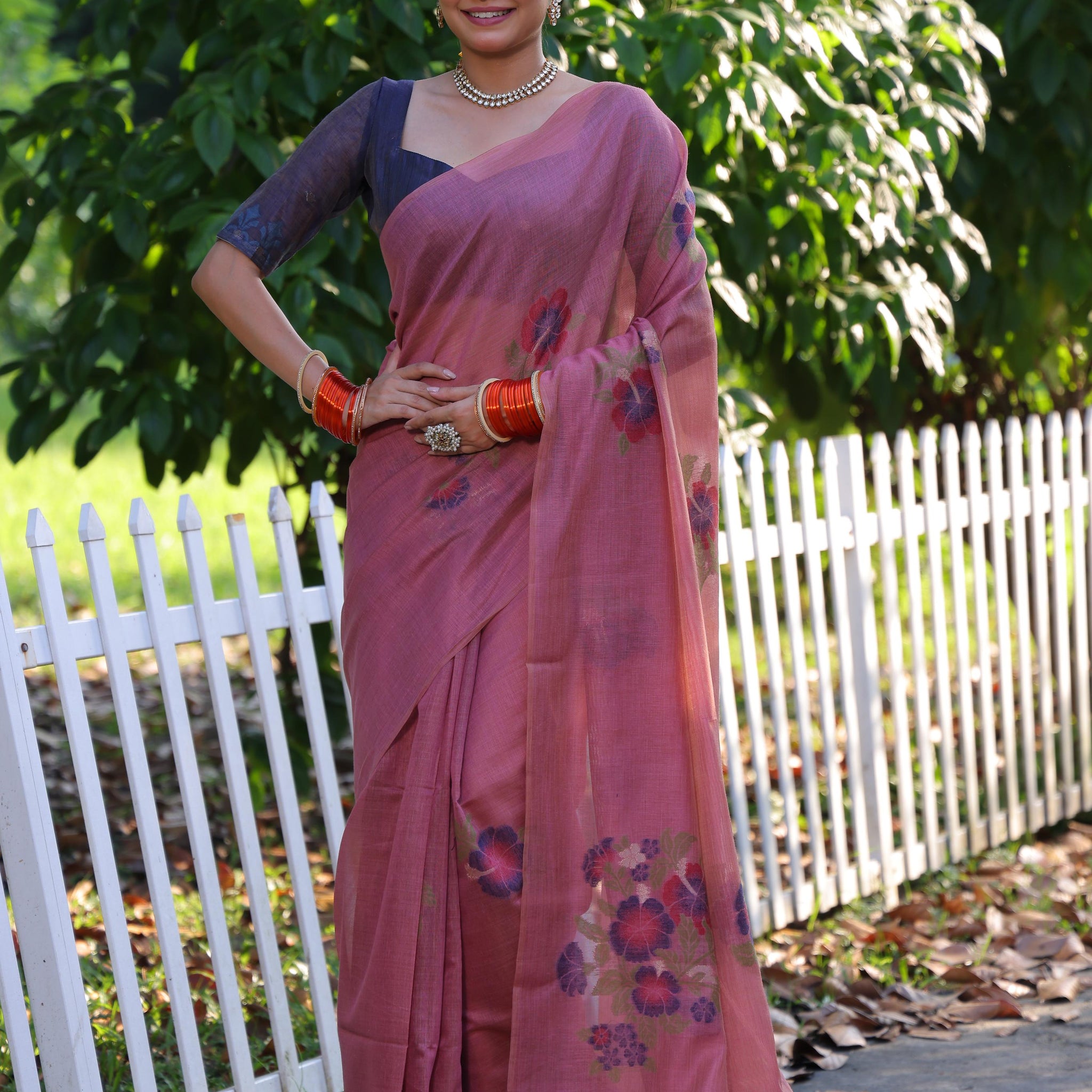 Premium Soft Muga Cotton Pink Saree