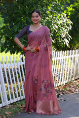 Premium Soft Muga Cotton Pink Saree
