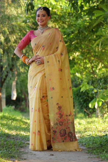 Premium Soft Muga Cotton Light Yellow Saree