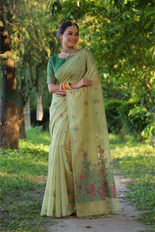 Premium Soft  Muga Cotton Pista Saree