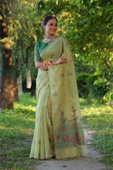 Premium Soft  Muga Cotton Pista Saree
