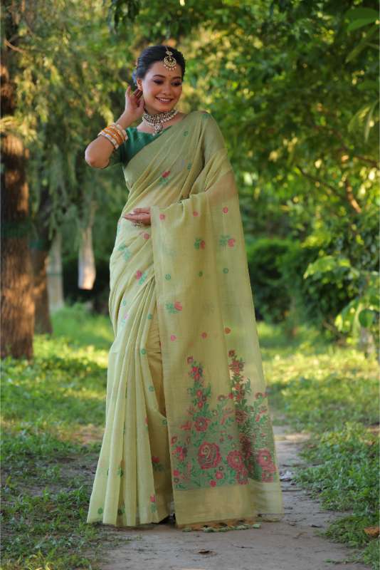 Premium Soft  Muga Cotton Pista Saree