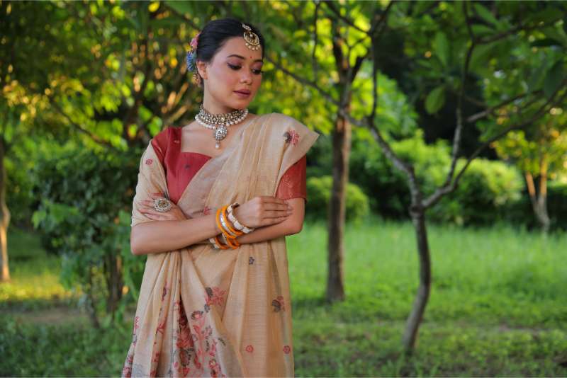 Premium  Soft Muga Cotton Golden Saree
