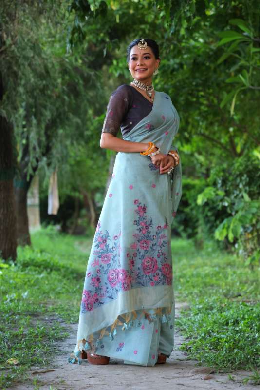 Premium Soft Muga Cotton Sky Saree