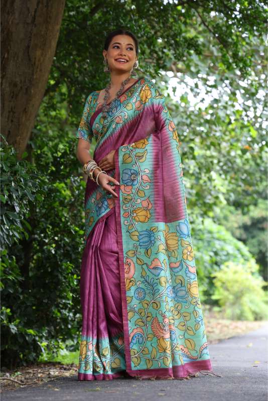 Soft Tussar Silk Wine Saree