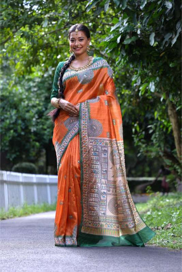 Tussar Digital Print Orange Saree
