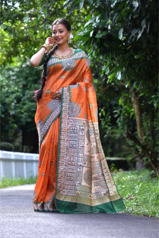 Tussar Digital Print Orange Saree