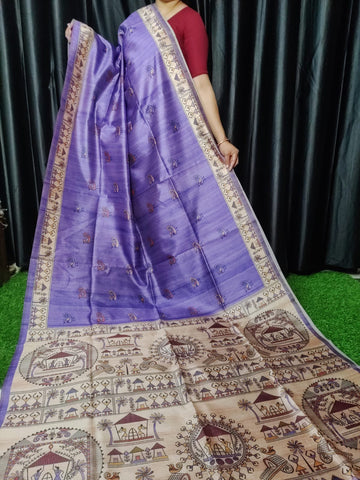 Soft Tussar Silk Madhubani Purple Saree