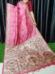 Soft Tussar Silk Madhubani Pink Saree