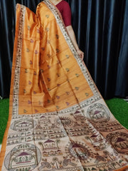 Soft Tussar Silk Madhubani Orange Saree