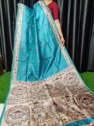Soft Tussar Silk Madhubani Firozi Saree