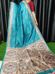 Soft Tussar Silk Madhubani Firozi Saree